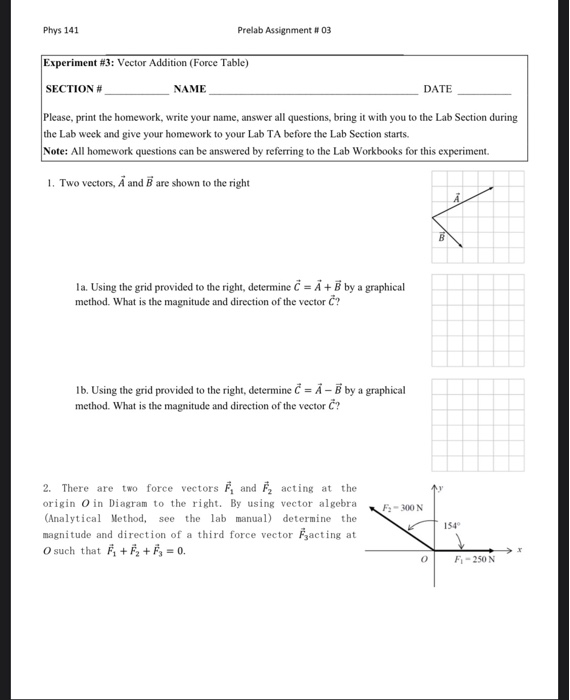 Solved Phys 141 Prelab Assignment #03 Experiment #3: Vector | Chegg.com