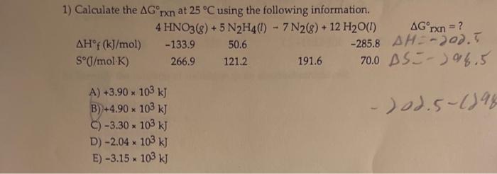 Solved 1) Calculate the ΔG∘rxn at 25∘C using the following | Chegg.com