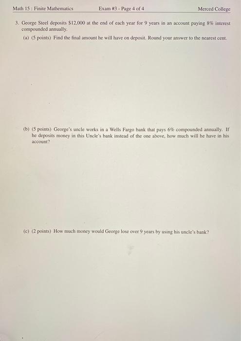 Solved Math 15 : Finite Mathematics Exam #3 - Page 4 of 4 | Chegg.com