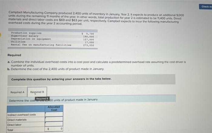 Solved Campbell Manufacturing Company produced 2,400 units | Chegg.com