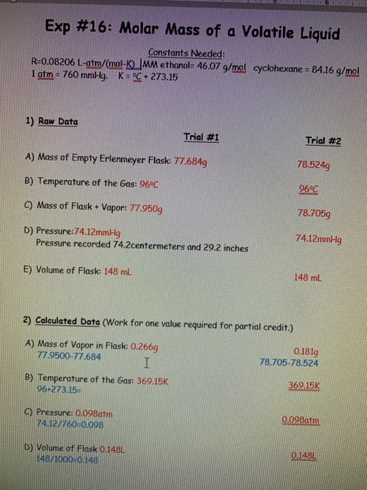 Solved Molar Mass of a volatile liquid. Find the moles of | Chegg.com