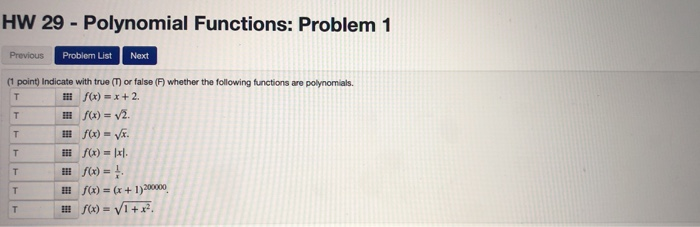 Solved HW 29 - Polynomial Functions: Problem 1 Previous | Chegg.com