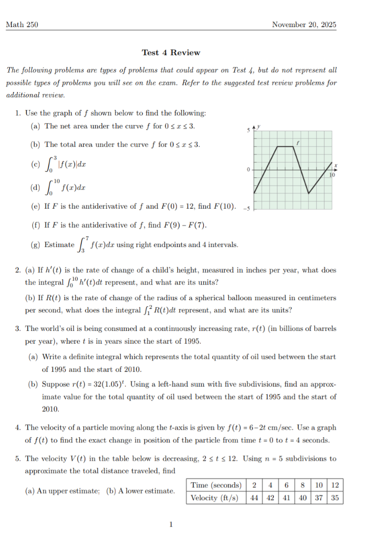 Solved Math 250November 20, 2025Test 4 ﻿ReviewThe following | Chegg.com