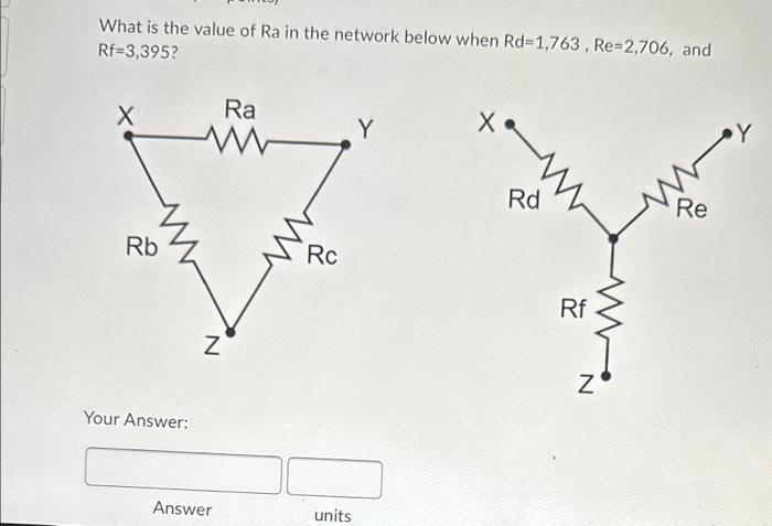 What is the value of \( R a \) in the network below when \( R d=1,763, R e=2,706 \), and \( \mathrm{Rf}=3,395 \) ?