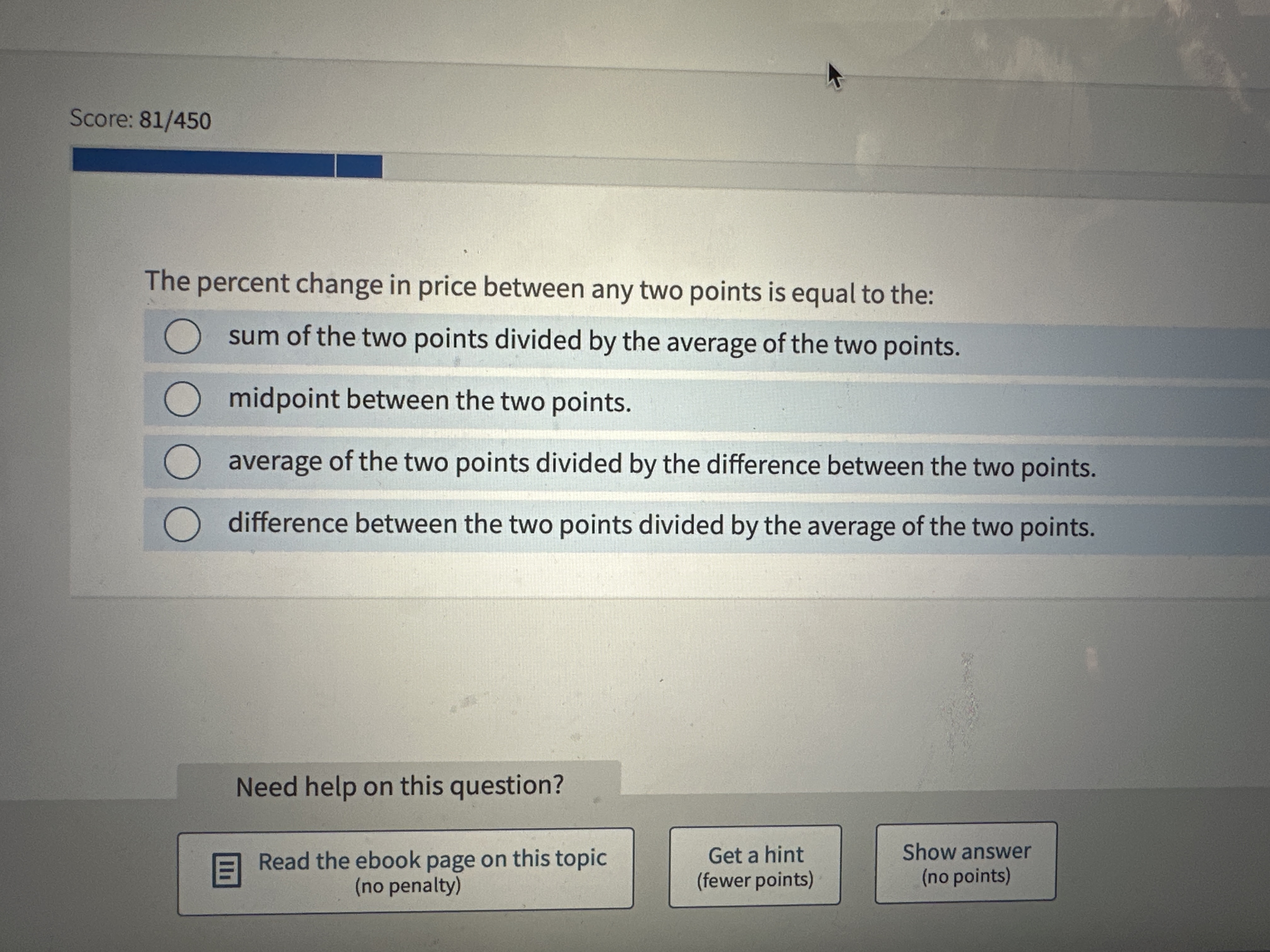 Solved The percent change in price between any two points is | Chegg.com