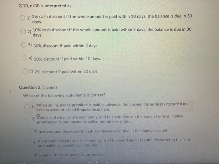 Solved 2 10 n 30 is interpreted as 1 2 cash discount if