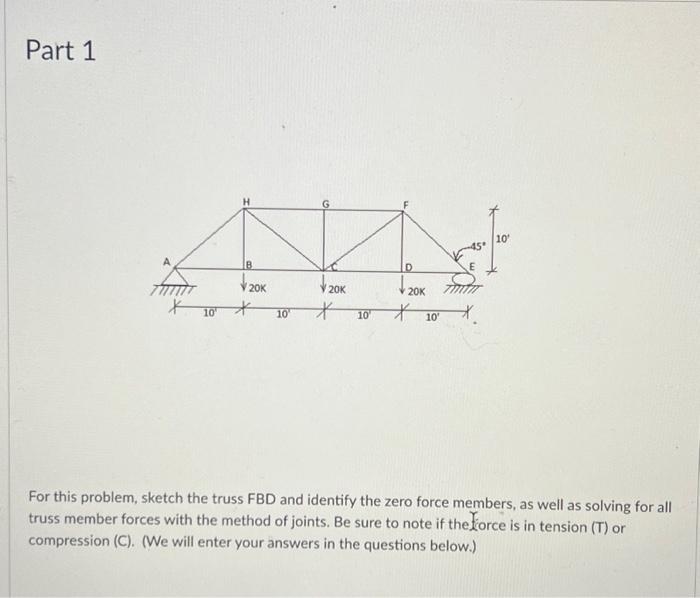 Solved Part 1 For this problem, sketch the truss FBD and | Chegg.com