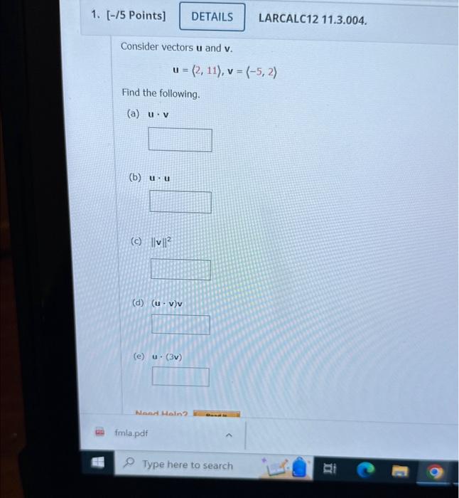 Solved 15 Points] LARCALC12 11.3.004. Consider vectors u and | Chegg.com