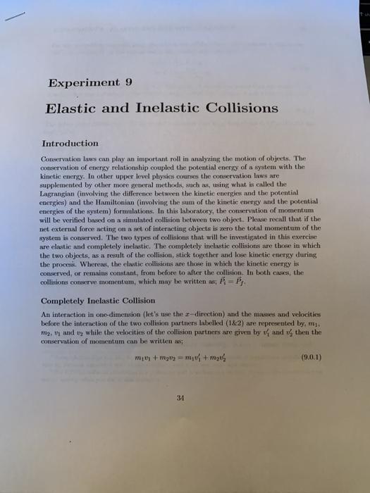 Solved Experiment 9 Elastic and Inelastic Collisions | Chegg.com
