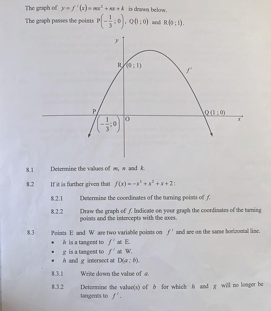 Solved The graph of y=f′(x)=mx2+nx+k is drawn below. The | Chegg.com