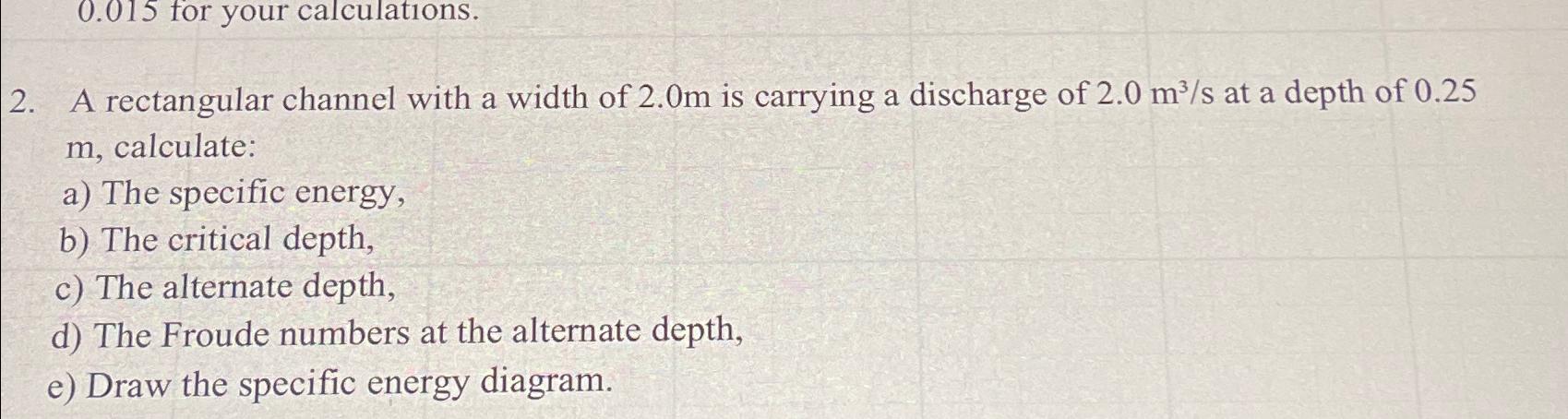 Solved A rectangular channel with a width of 2.0m ﻿is | Chegg.com
