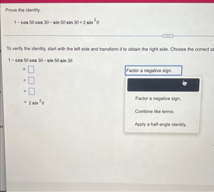 Solved Prove the identity. 1-cos 50 cos 30-sin 50 sin 30 = 2 | Chegg.com