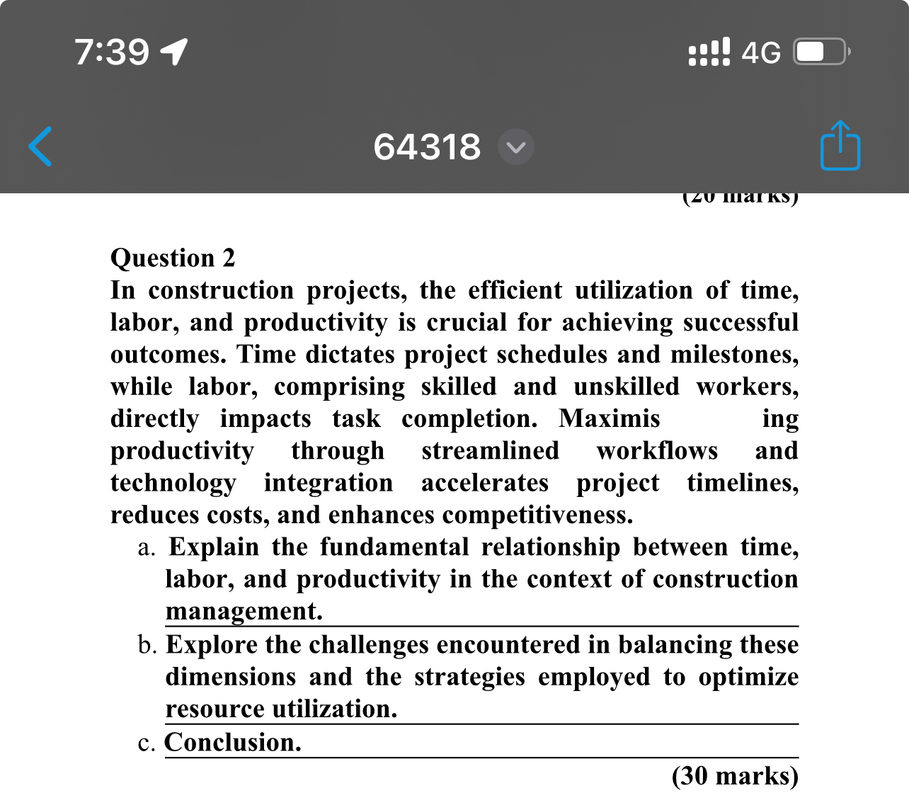 Solved 7:39册 4G64318Question 2In construction projects, the | Chegg.com