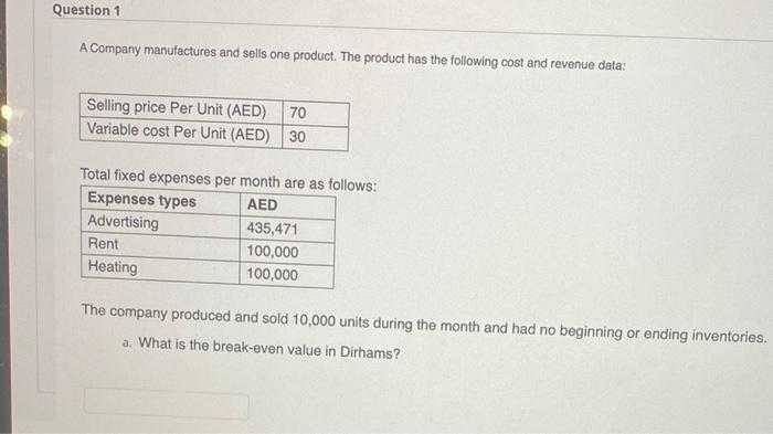 Solved Question 1 A Company manufactures and sells one | Chegg.com