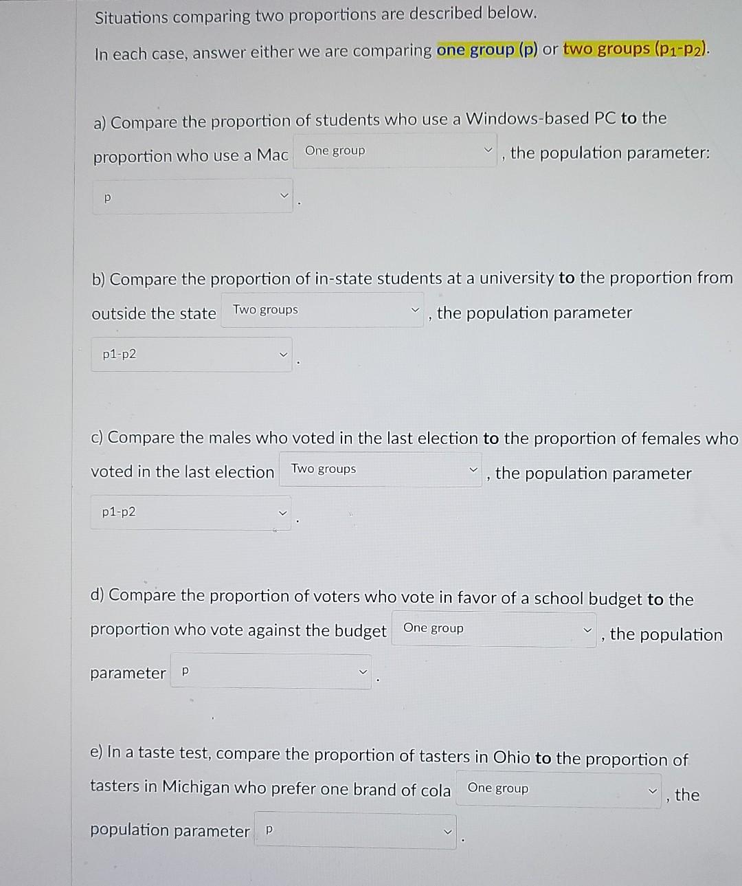 Solved Situations comparing two proportions are described | Chegg.com