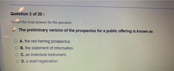 Solved Question 3 of 20 : Select the best answer for the | Chegg.com