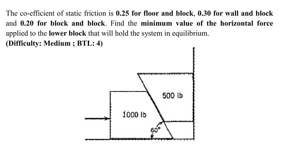 Solved The co-efficient of static friction is 0.25 for floor