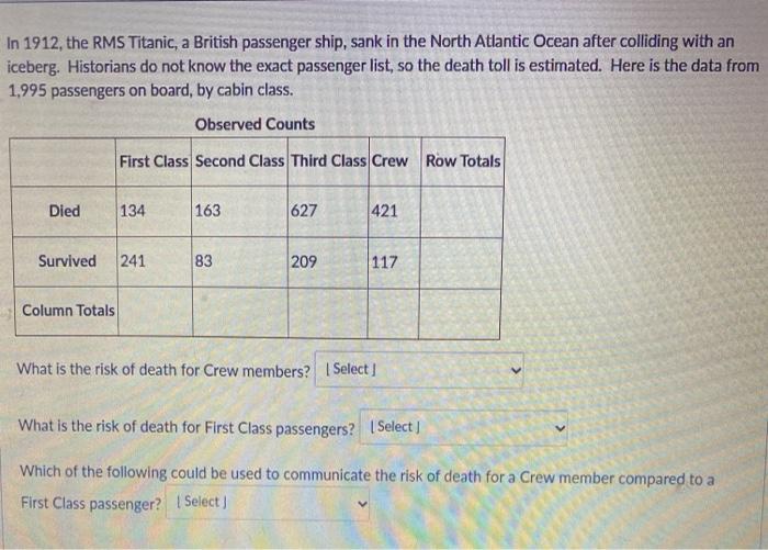Solved In 1912, the RMS Titanic, a British passenger ship, | Chegg.com