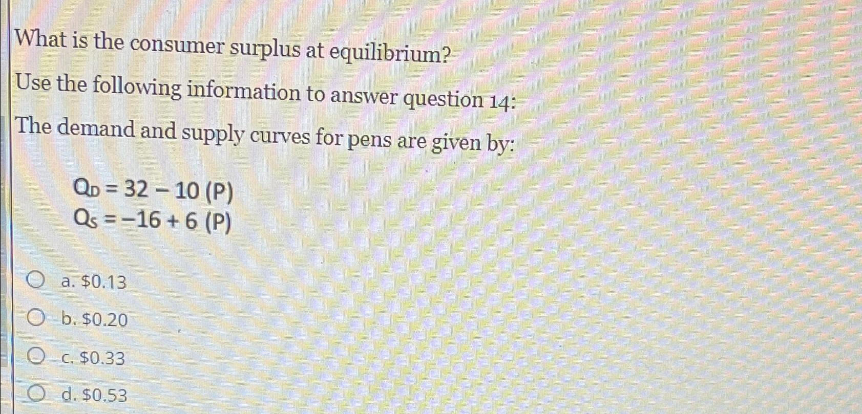Solved What is the consumer surplus at equilibrium?Use the | Chegg.com