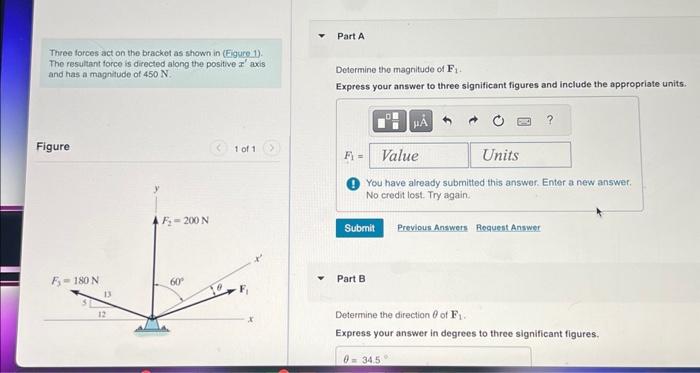 Solved Three Forces Act On The Bracket As Shown In (Figure | Chegg.com