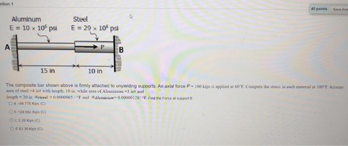 The composite bar shown above is fimbly attached to unyieiding supports. An axial force \( \mathrm{P}=100 \mathrm{kigs} \) is