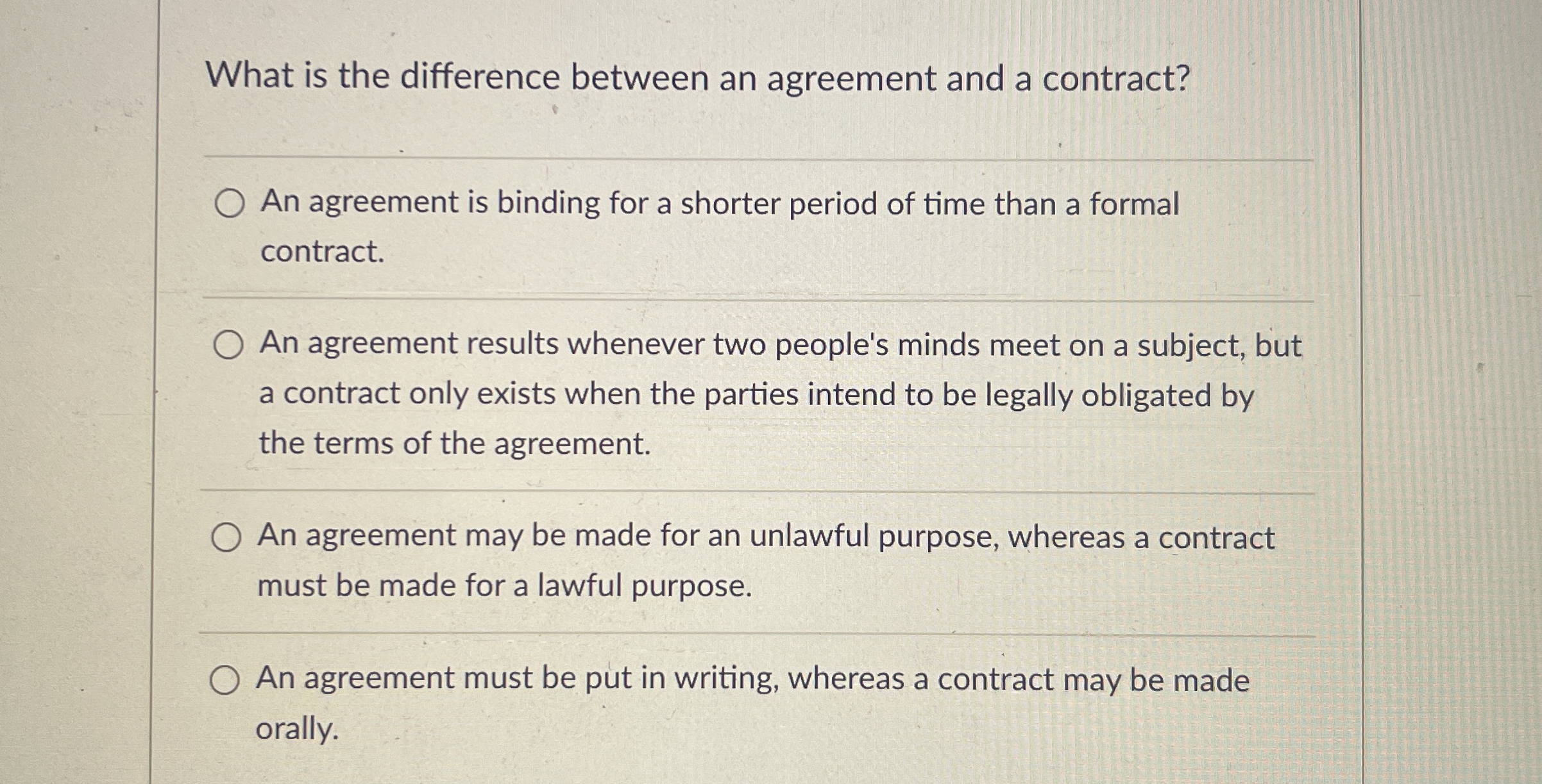Solved What is the difference between an agreement and a | Chegg.com
