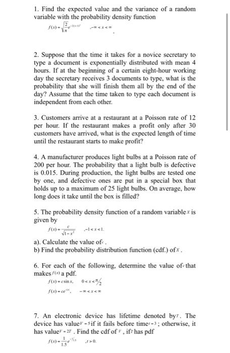 Solved 1. Find the expected value and the variance of a | Chegg.com