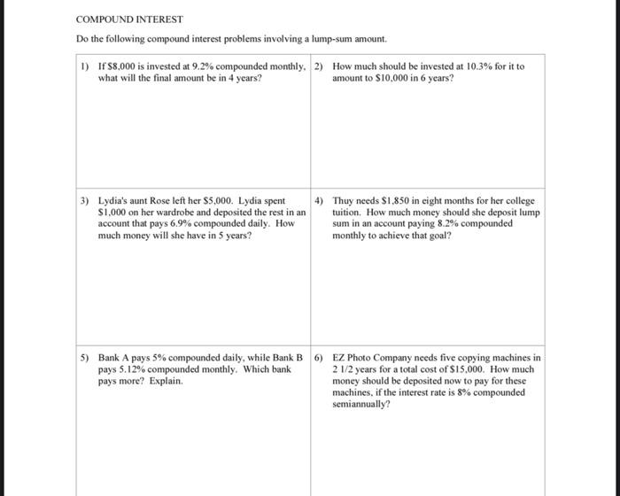 Solved COMPOUND INTEREST Do the following compound interest | Chegg.com