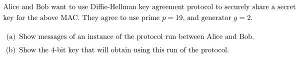 Solved Alice And Bob Want To Use Diffie Hellman Key Chegg Com