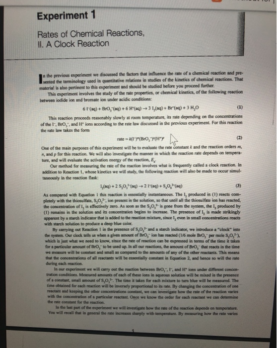 Solved Experiment 1 Data and Calculations: Rates of Chemical | Chegg.com