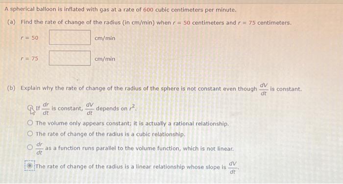 Solved A spherical balloon is inflated with gas at a rate of | Chegg.com