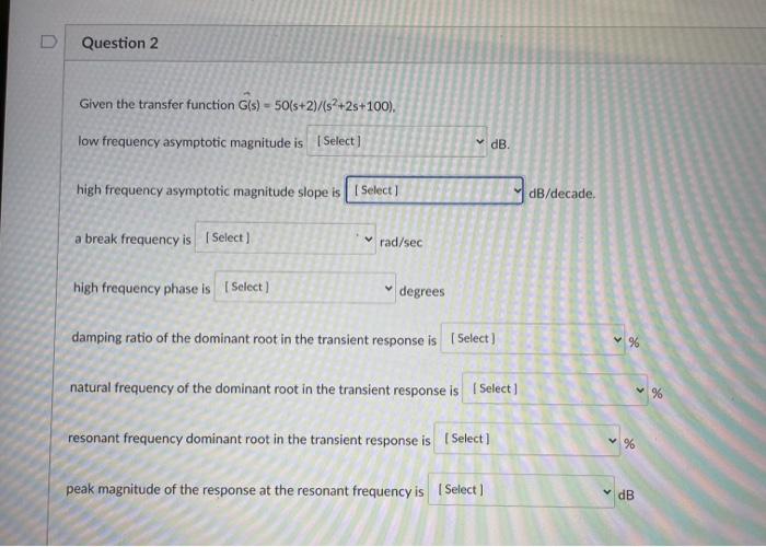 Solved D Question 2 Given the transfer function G(s) - | Chegg.com