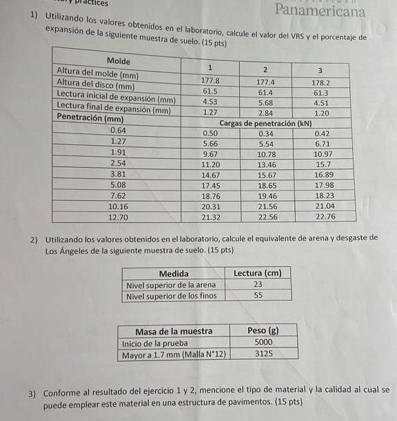 1) Utilizando los valores obtenidos en el laboratorio, calcule el valor del VRS y el porcentaje de expansión de la siguiente