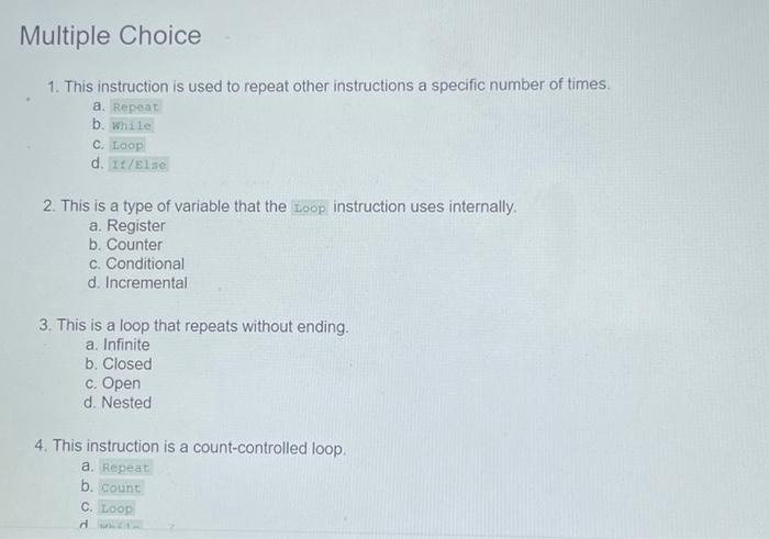 Solved 1. This instruction is used to repeat other | Chegg.com
