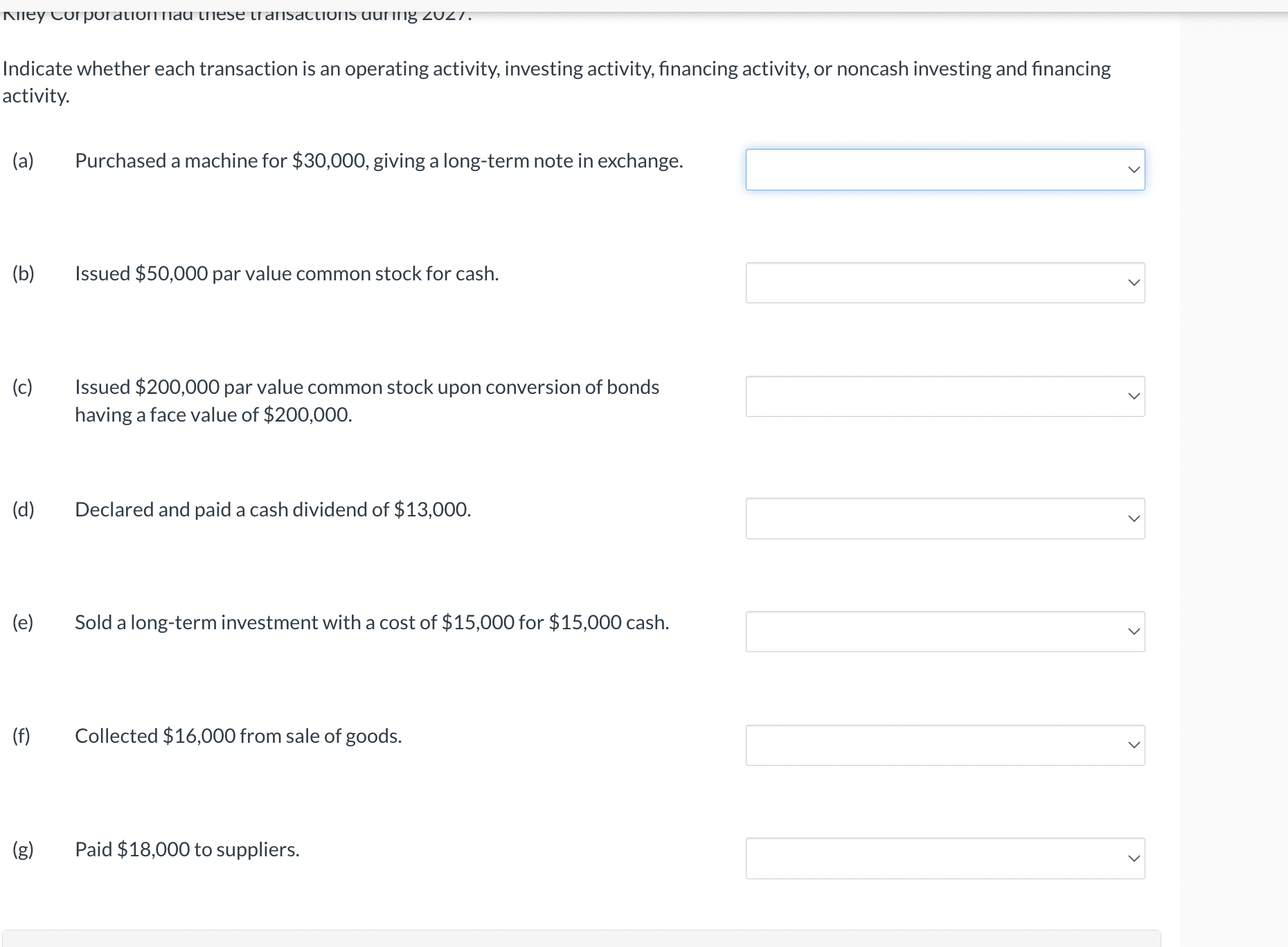 Solved Indicate whether each transaction is an operating | Chegg.com