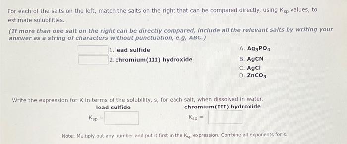 Solved For each of the salts on the left, match the salts on | Chegg.com