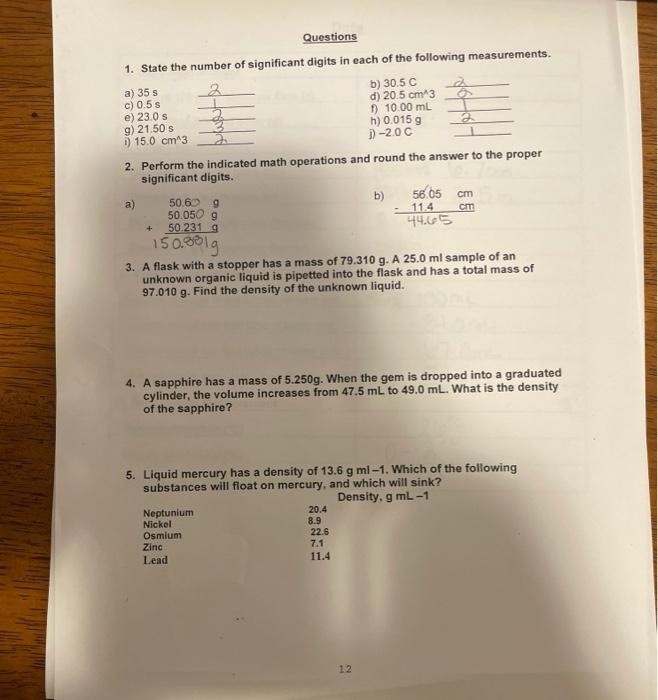 Solved Questions 1. State the number of significant digits | Chegg.com