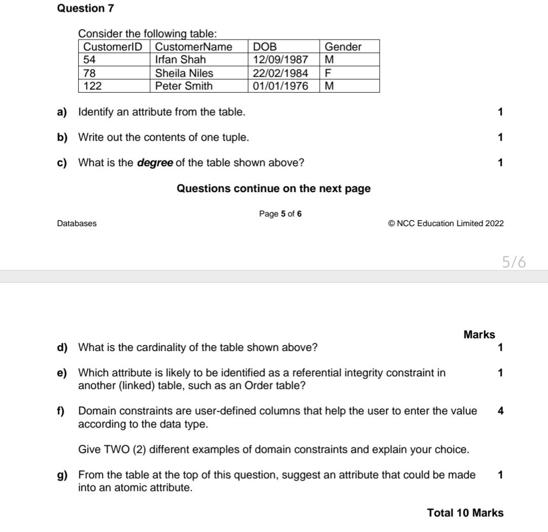 Solved Question 7 Consider The Following Table: CustomerID | Chegg.com