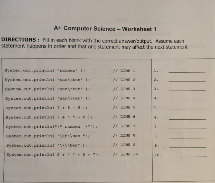 A Puter Science Worksheet 1 Directions Fill Chegg 