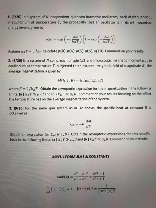 Solved 1. (5/20) In a system of independent quantum harmonic | Chegg.com