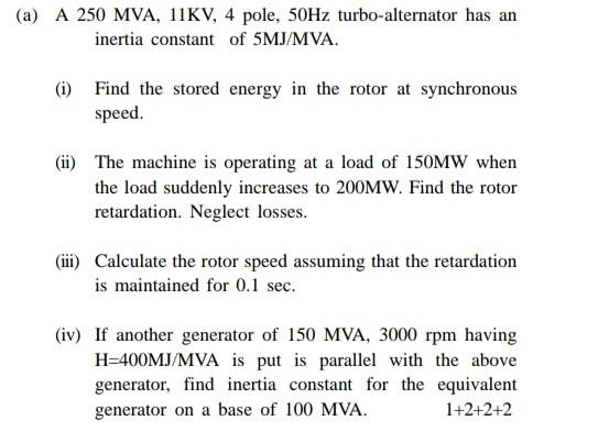 Solved a) A 250 MVA, \\( 11 \\mathrm{KV}, 4 \\) pole, \\( 50 | Chegg.com