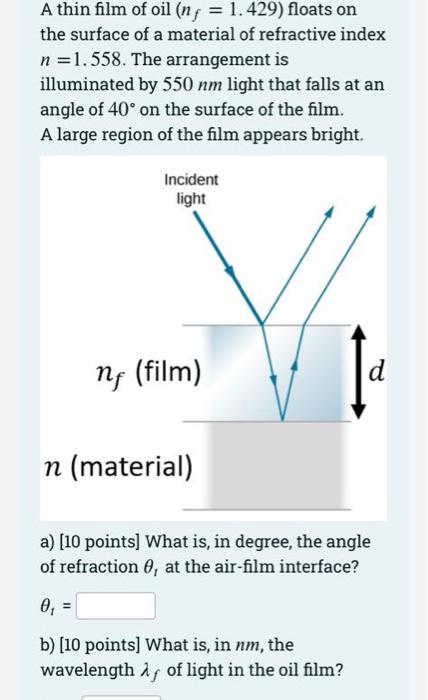 Solved A thin film of oil (n = 1.429) floats on the surface | Chegg.com