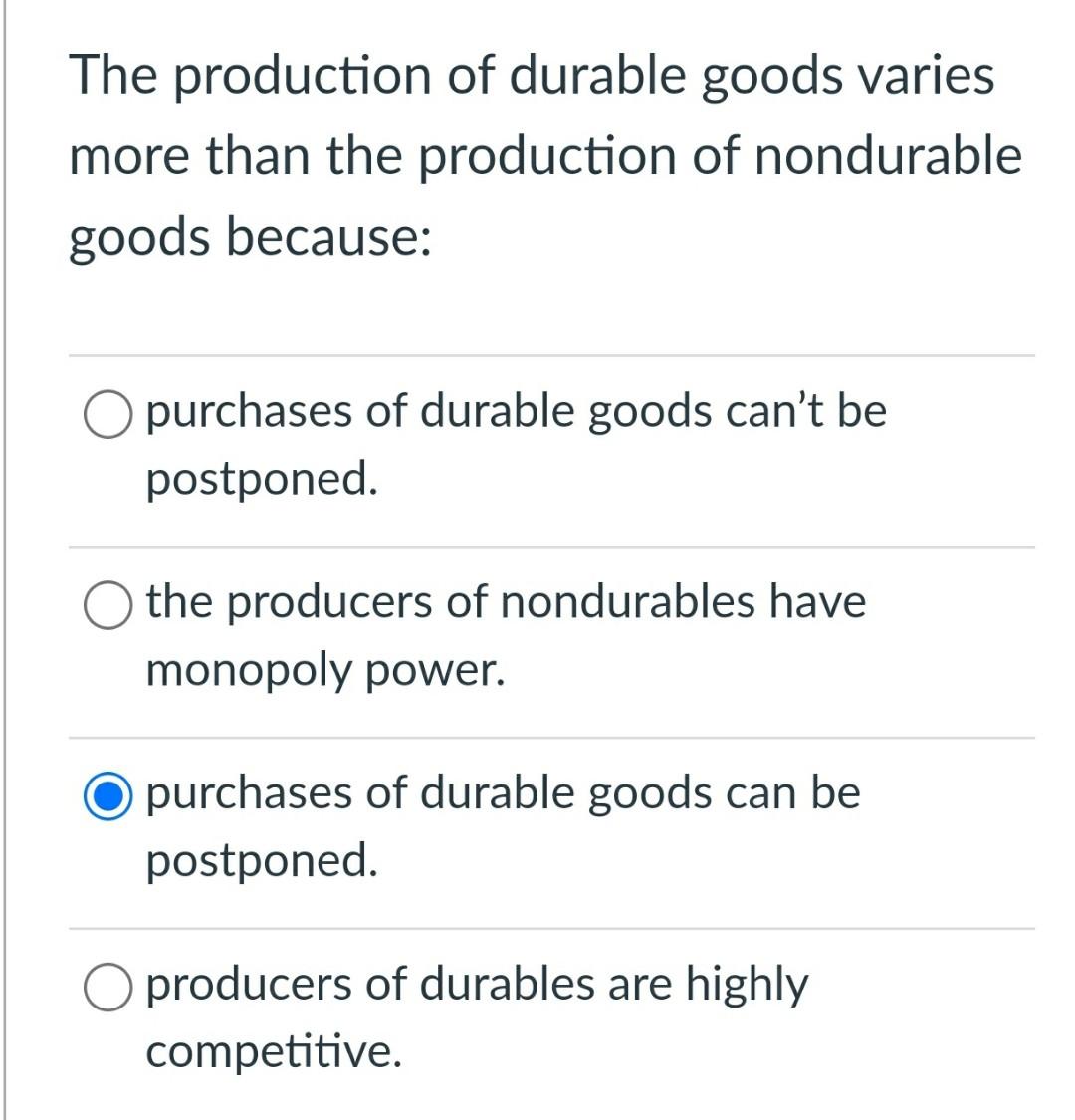 Solved The production of durable goods varies more than the | Chegg.com