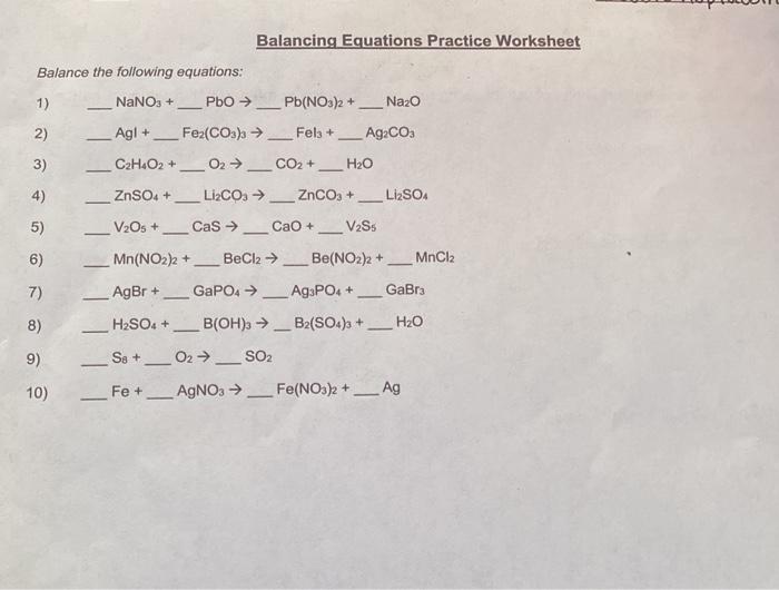 Solved Balancing Equations Practice Worksheet Balance the Chegg