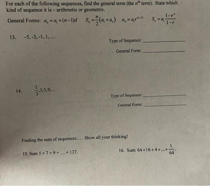 Solved For each of the following sequences, find the general | Chegg.com