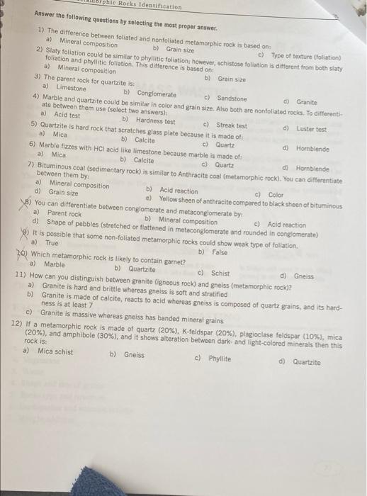 Solved phic Rocks Identification Answer the following | Chegg.com