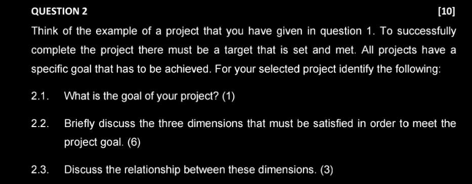 Solved QUESTION 2 [10] Think of the example of a project | Chegg.com