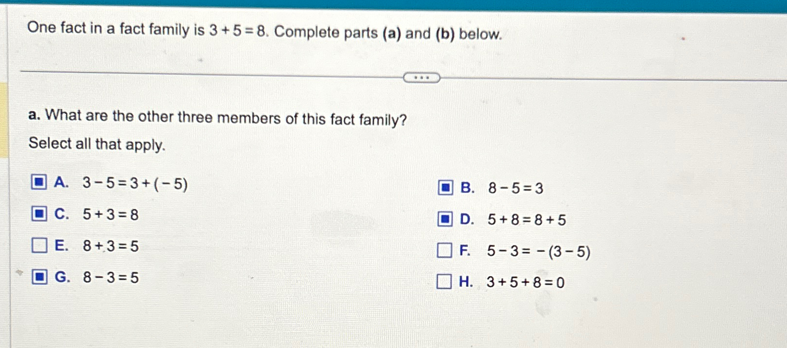 Solved One fact in a fact family is 3+5=8. ﻿Complete parts | Chegg.com