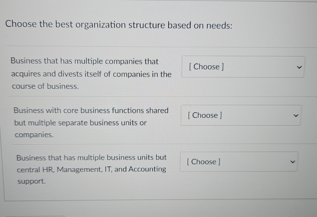 Choose the best organization structure based on | Chegg.com
