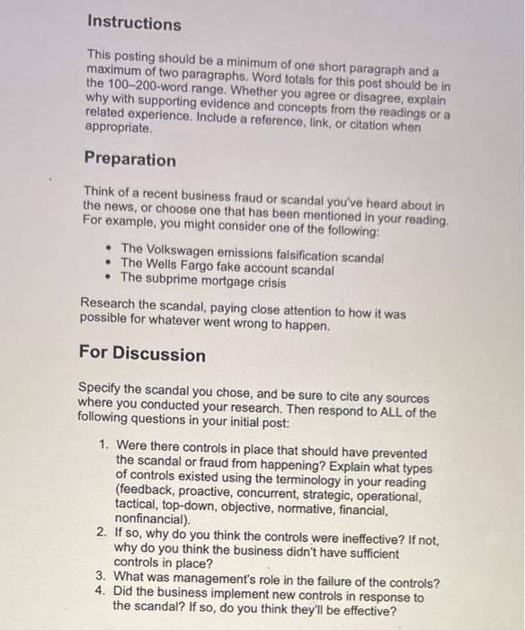 Solved Instructions This Posting Should Be A Minimum Of One Chegg Com